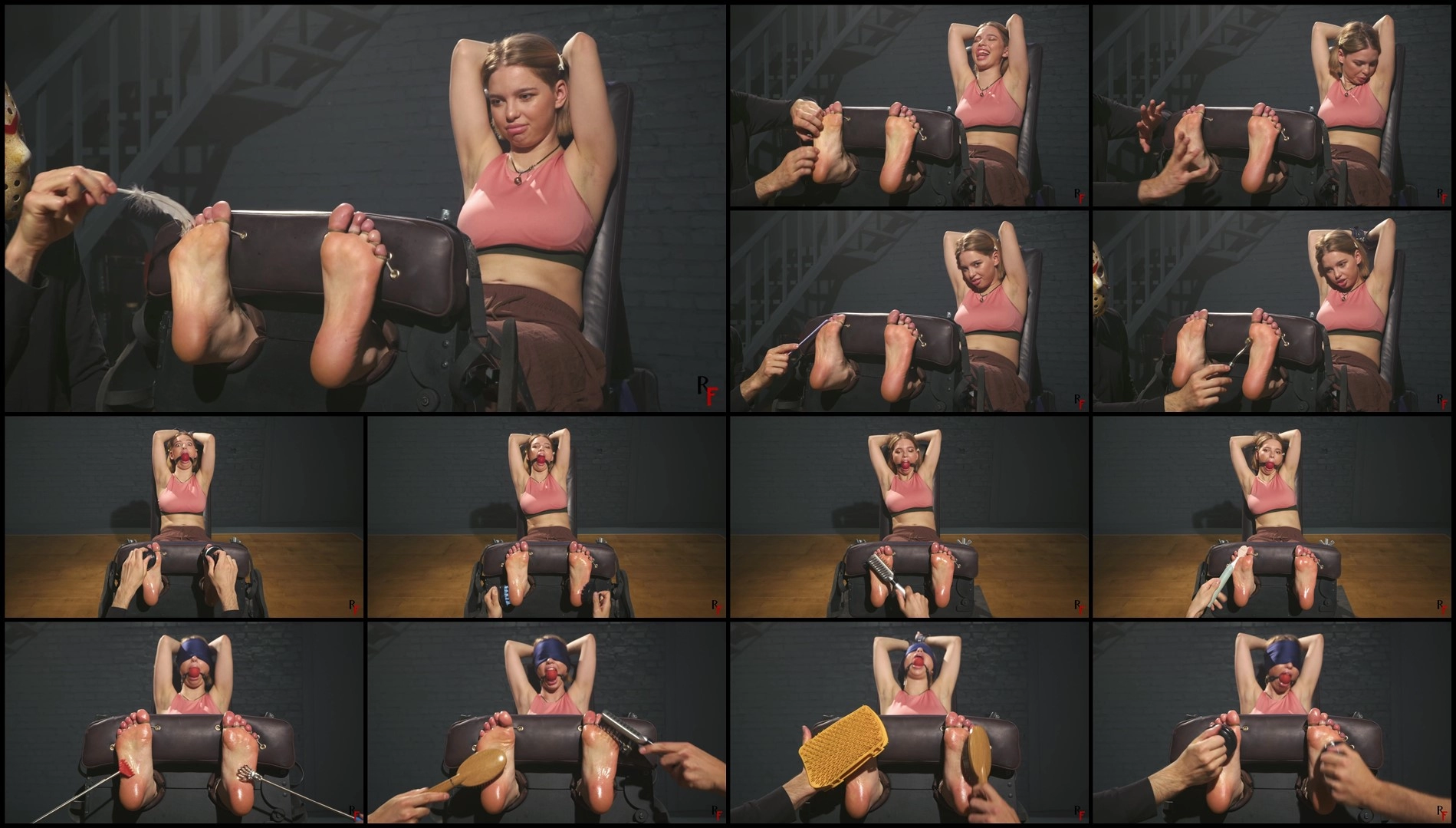 RFStudioProduction – Guzel in Stocks – Oiled Bare Soles Tickled and Ballgagged by Two Ticklers