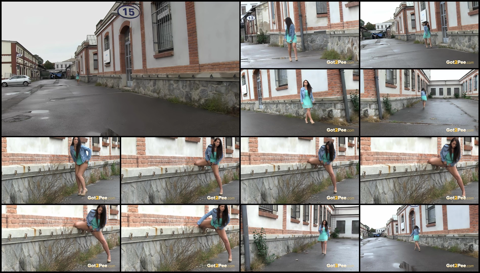 Sexy brunette walks around the corner and pees